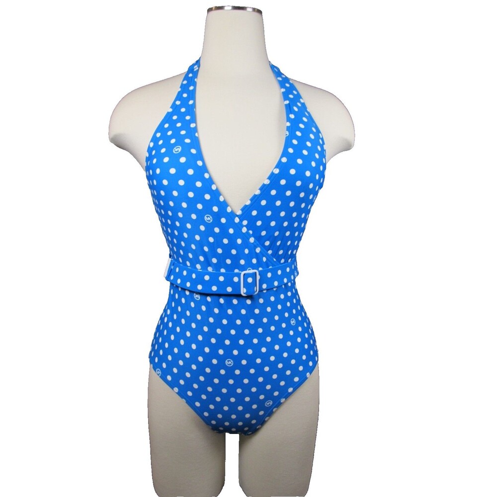 Michael Kors Belted Halter One‑Piece Swimsuit Blue Polka Dots MK Logo Size 8